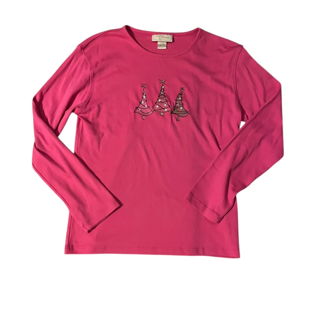 M&C Sportswear‎ Pink Christmas Tree Long Sleeve Top Holiday Tee | Women’s L